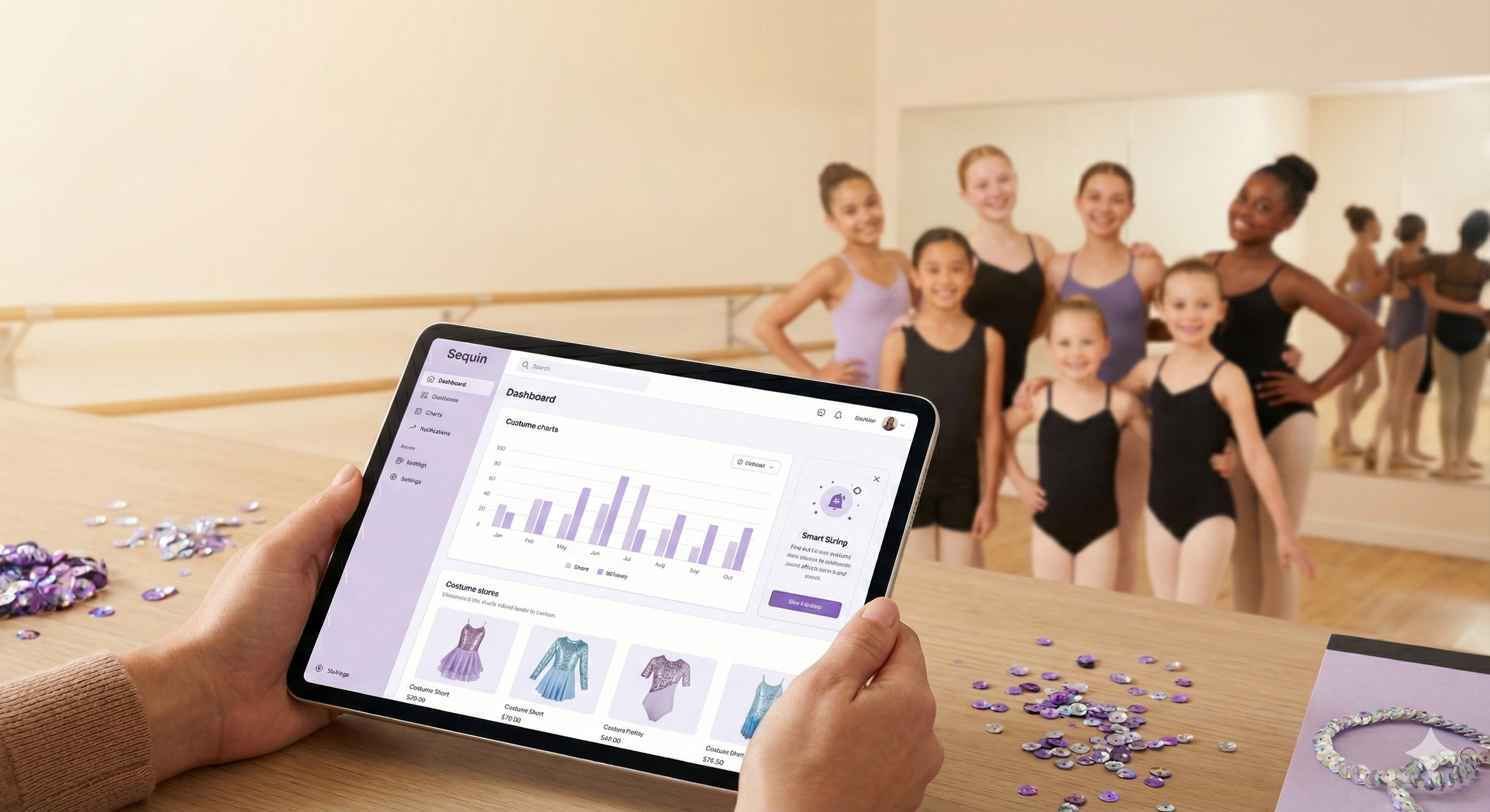 Dance studio owner using Sequin app with dancers in background